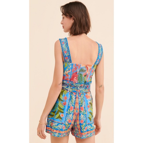 Farm Rio Stitched Garden Romper Floral Print Button Front Tie Waist Womens Small - Picture 3 of 13